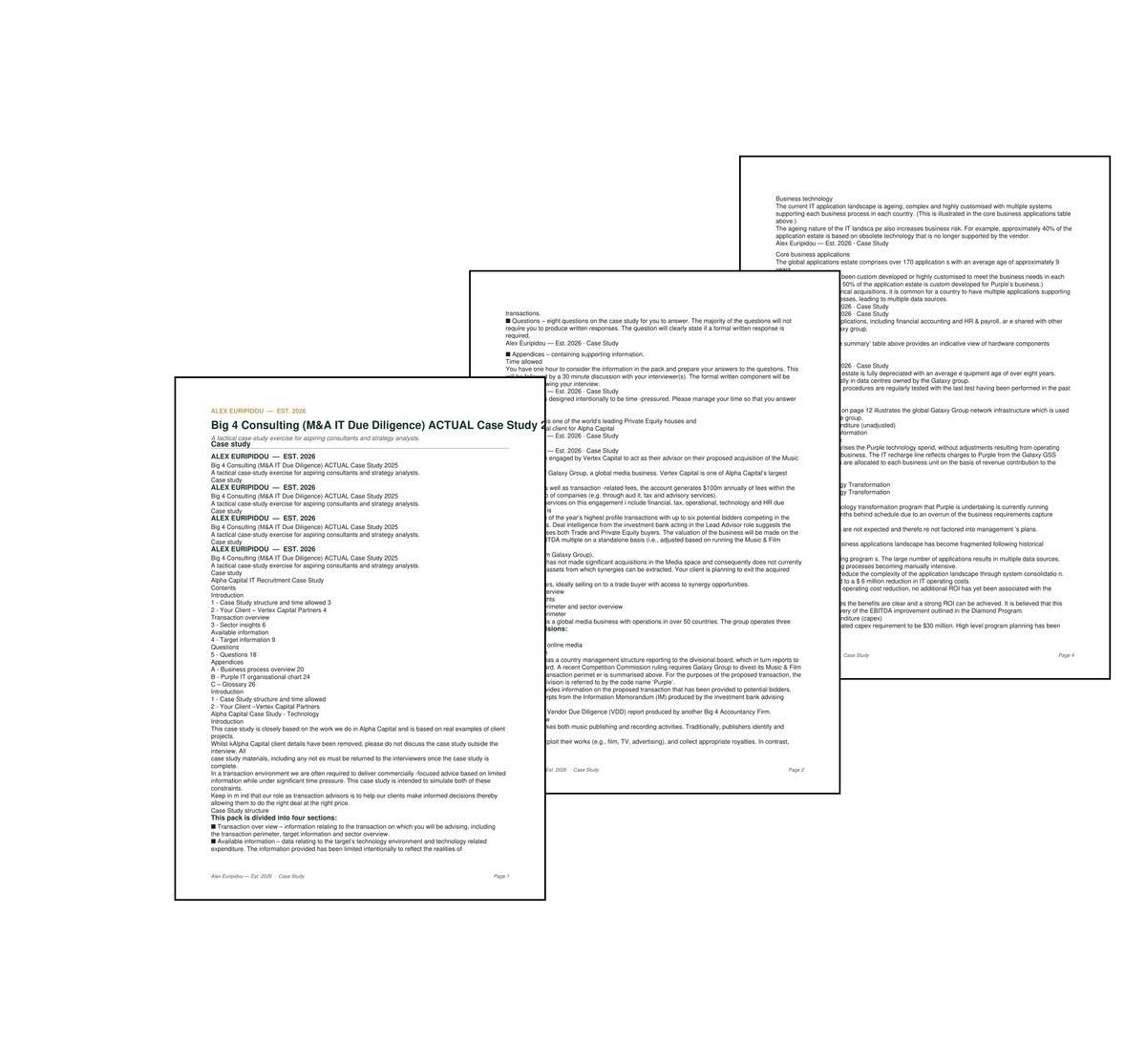 Three pages from the ADE Street Consulting M&A IT Due Diligence Real Case Study 2025 - the branded cover page, the case introduction and structure, and the target information section with sector insights and IT environment overview.
